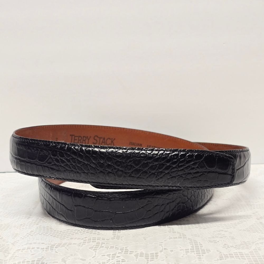Vintage Terry Stack Black Hook and Loop Italian Leather Croco Embossed Belt